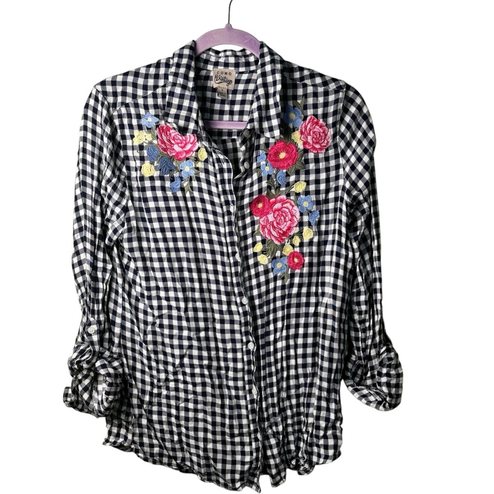 Navy and White Gingham Shirt‎ with Floral Embroidery Size Small